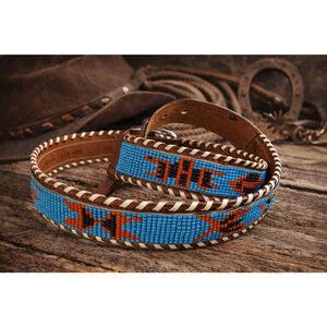 VTG Thunderbird Belt Leather Seed Beaded Size 32 Western Southwest Turquoise